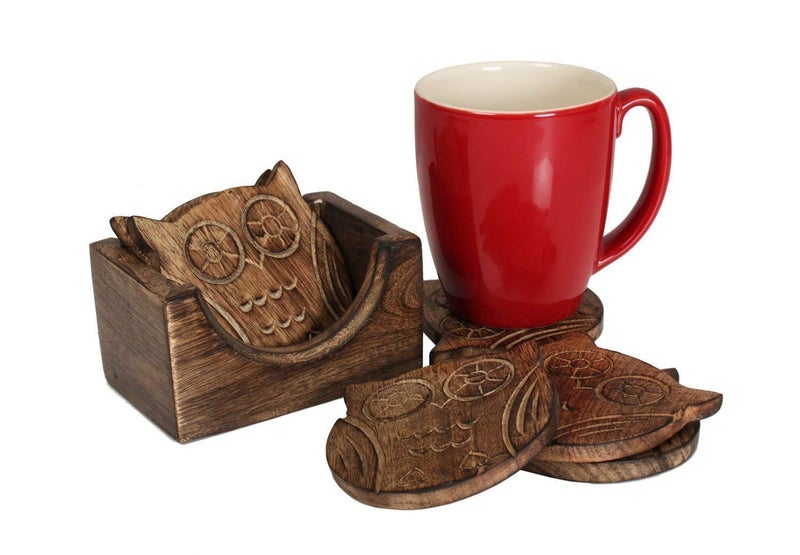 NIRMAN Wooden Crafted Coaster Set of 6 with Coasters Holder for Drink Bar Coaster Tea Coffee Mug Tabletop Barware Drink Handmade Dining Home Decor (Owl Shape) - Image 5